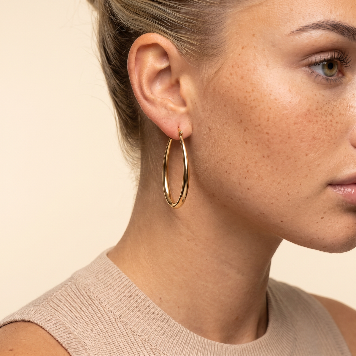 Elongated Oval Leverback Hoop Earrings - Gold - worn