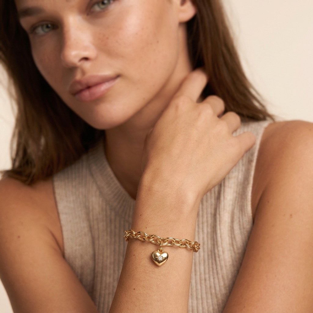 Gold Birthstone Heart Charm Bracelet - close-up