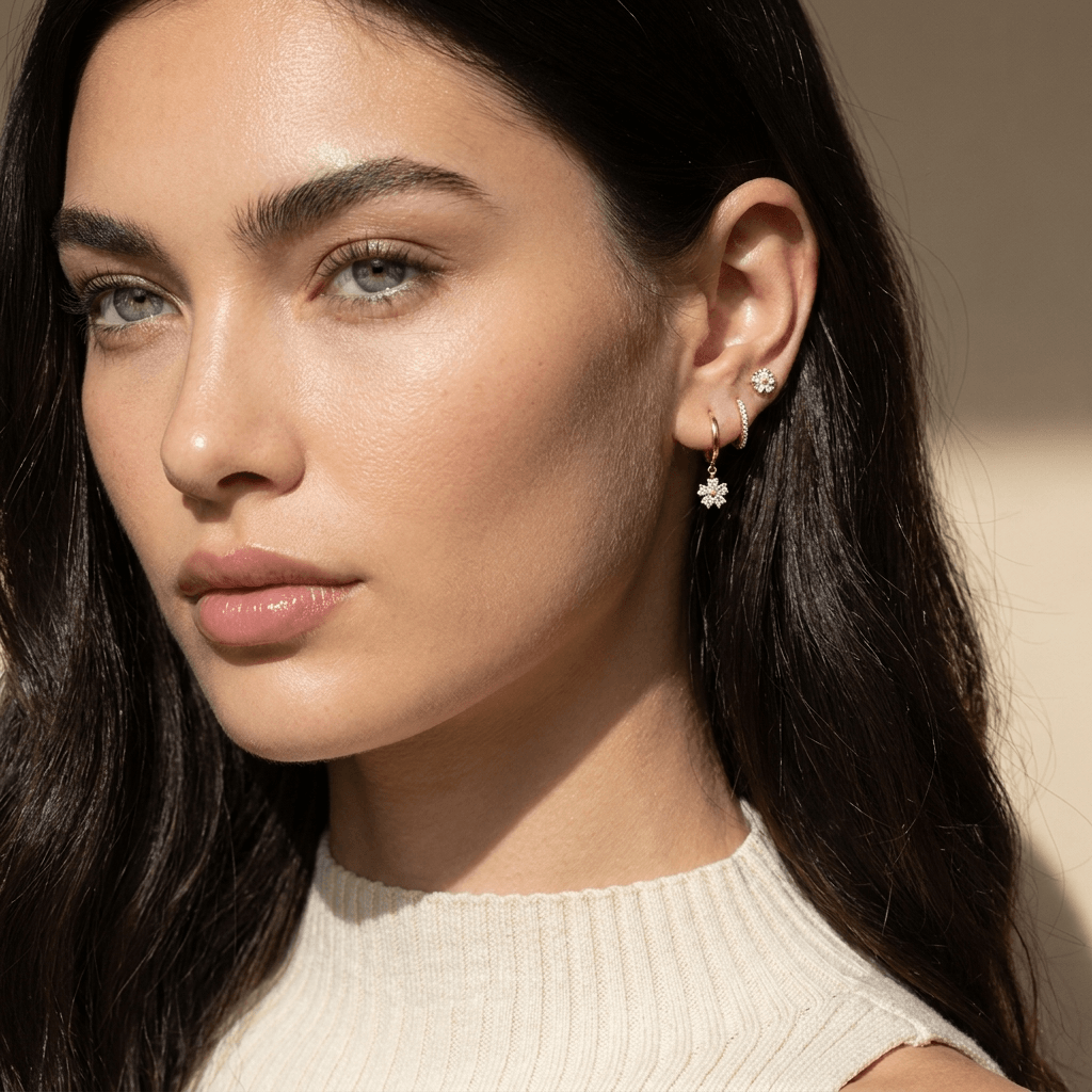 Gold Crystal Flower Stud and Hoop Earrings Set