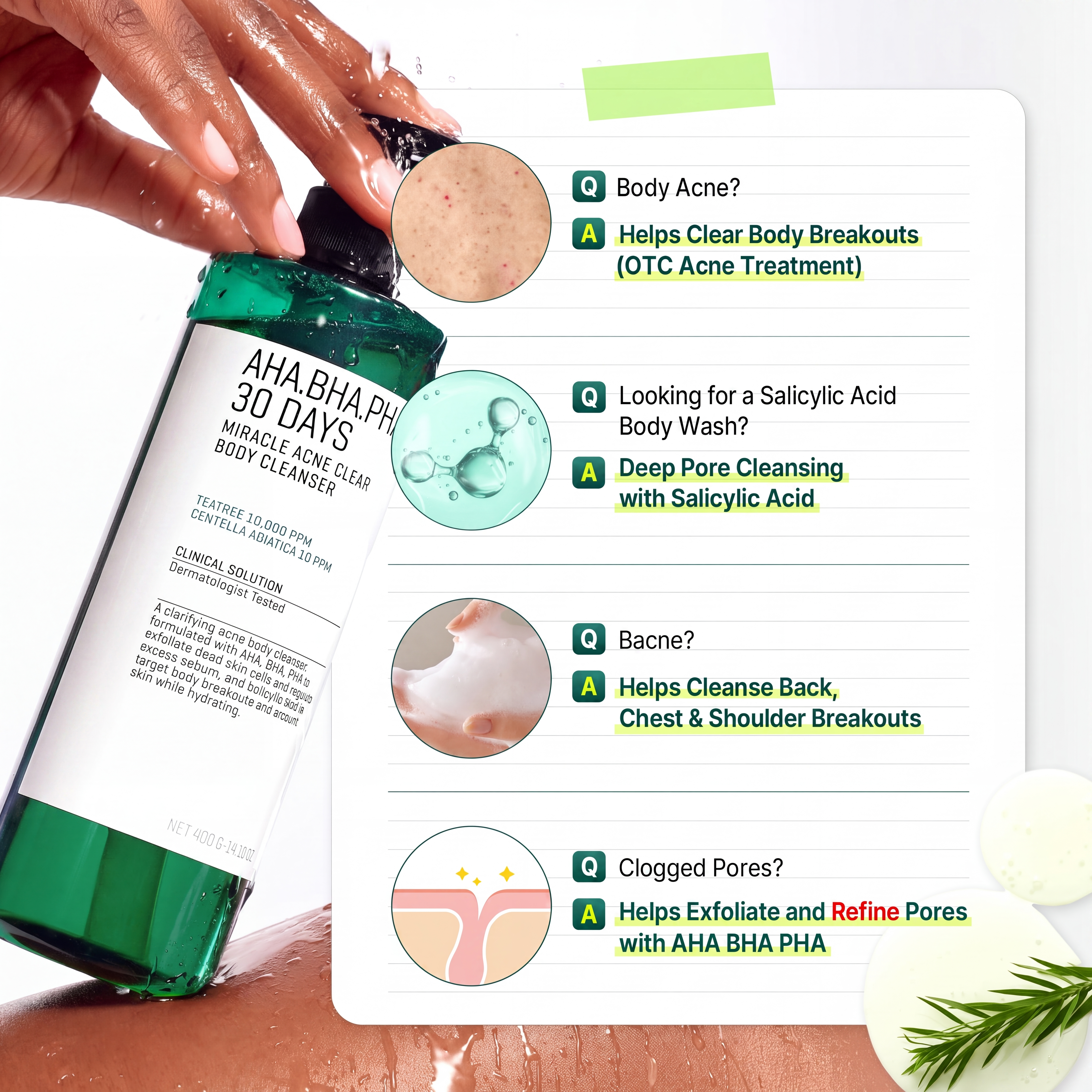 AHA BHA PHA 30 Days Miracle Acne Clear Body Cleanser with Salicylic Acid for Breakouts and Clogged Pores