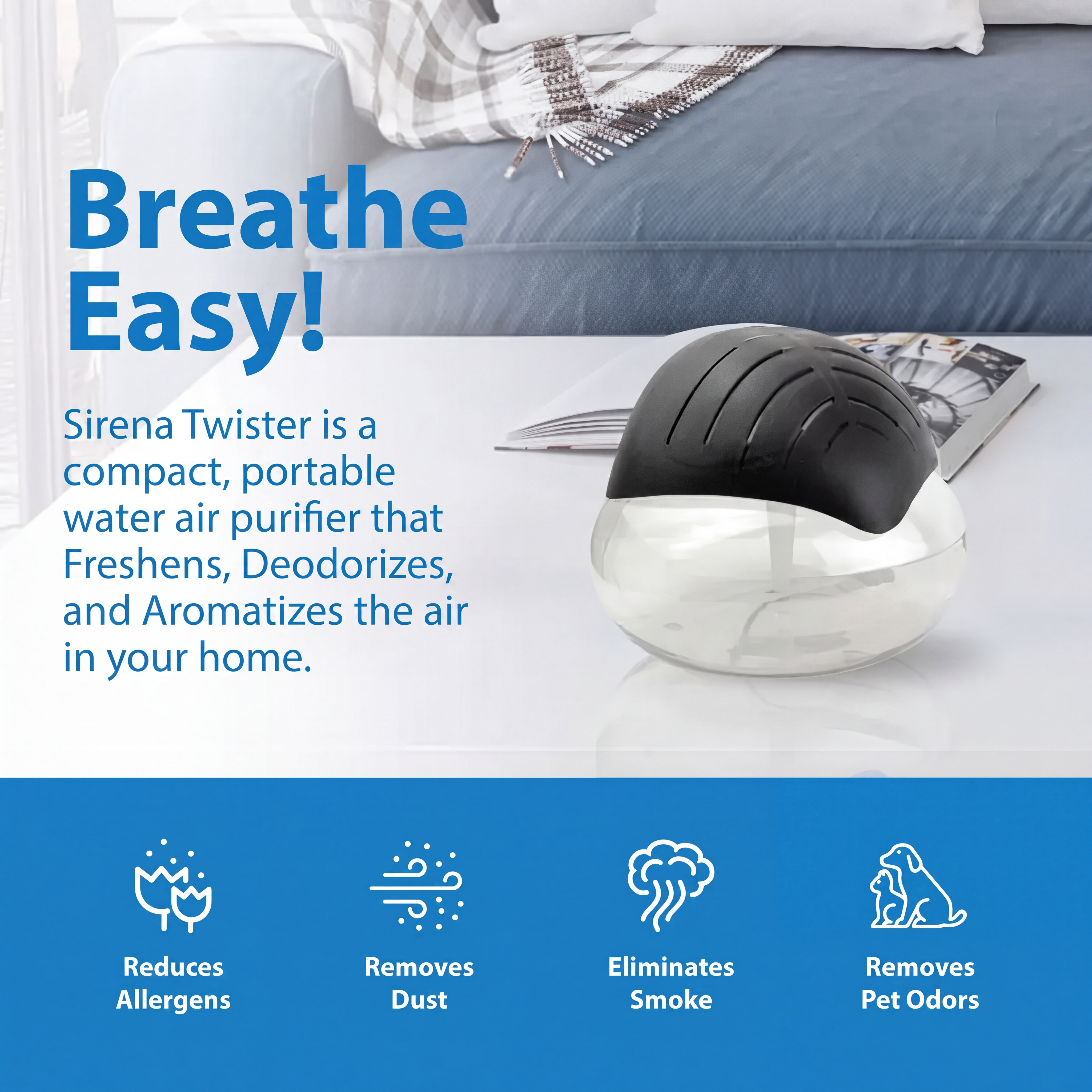 Air Purifier for Home, Water Filtration, Portable Desk, Night Light, Quiet