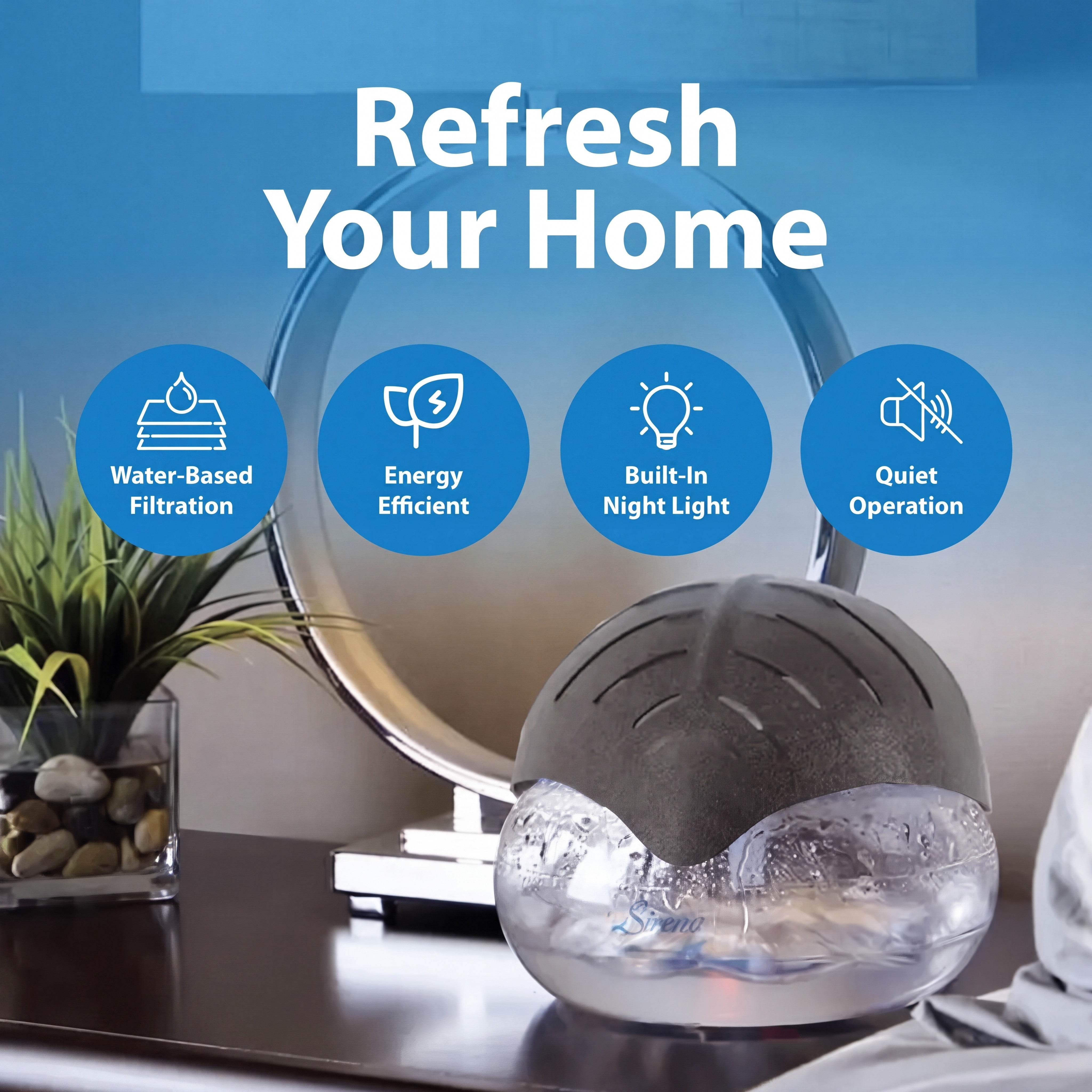 Air Purifier for Home, Water Filtration, Portable Desk, Night Light, Quiet