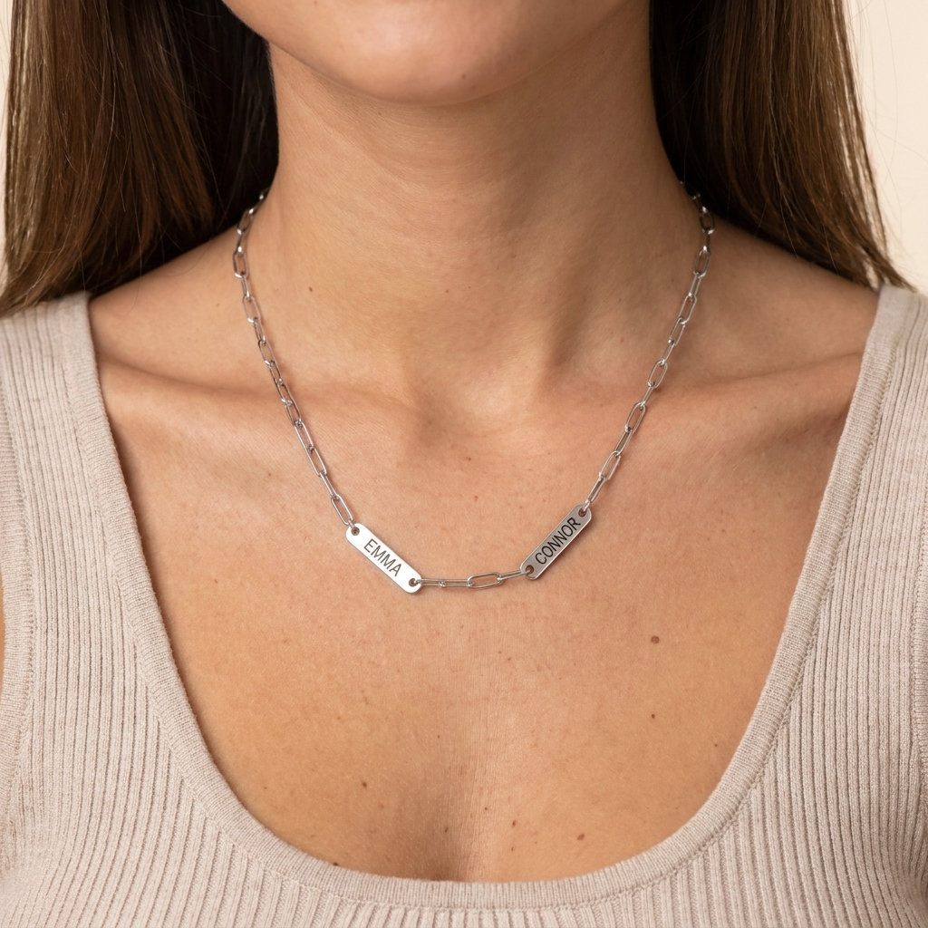 Paperclip Multi-Name Necklace - Silver - close-up