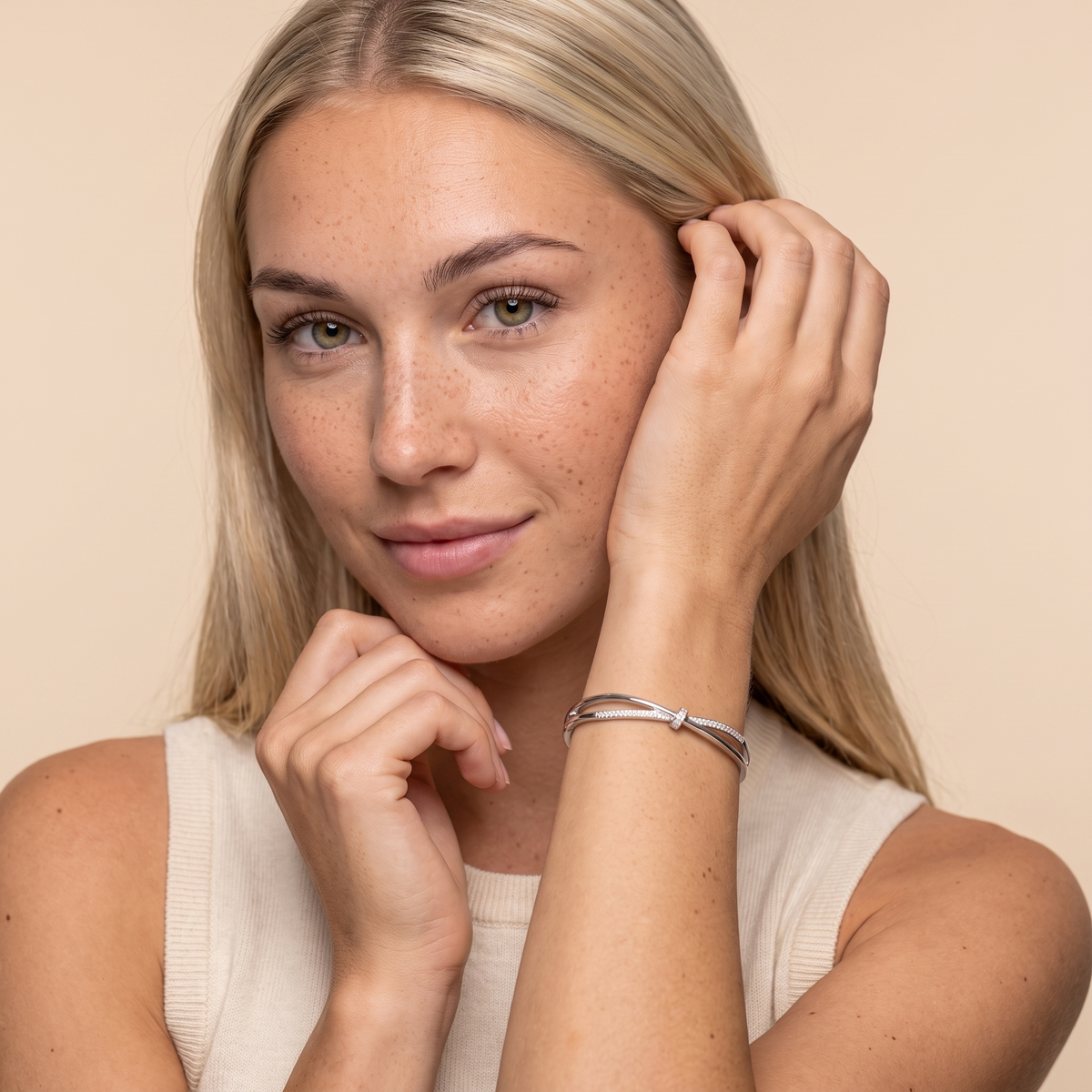 Pave Crossover Bangle Bracelet - Silver - worn