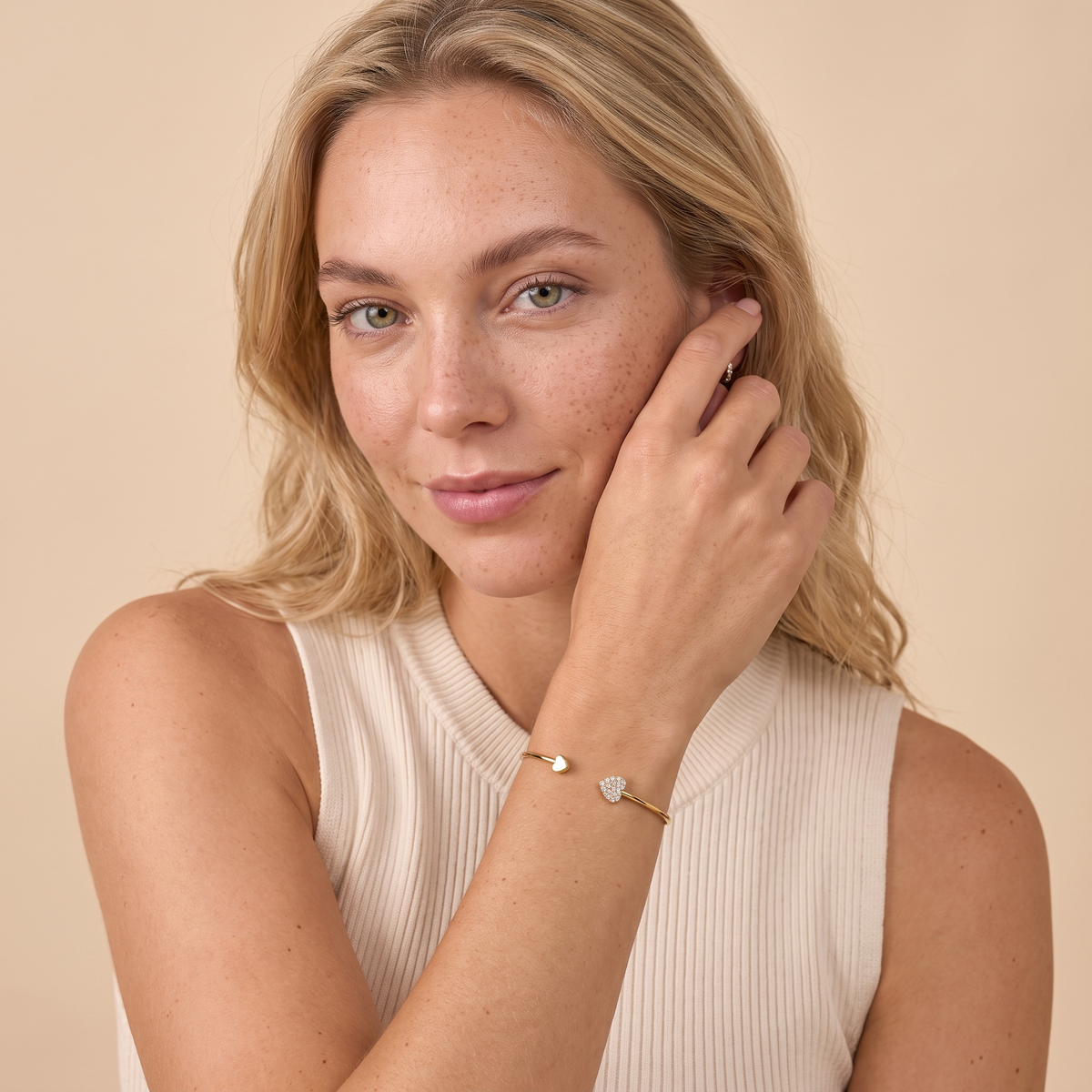 Heart Cuff Bangle Bracelet - Gold - worn