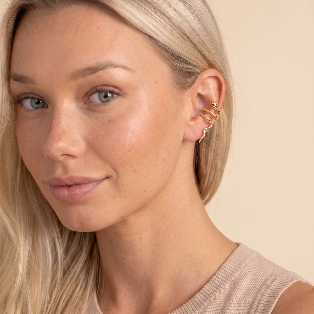Snake Ear Cuff Earrings - Gold - worn