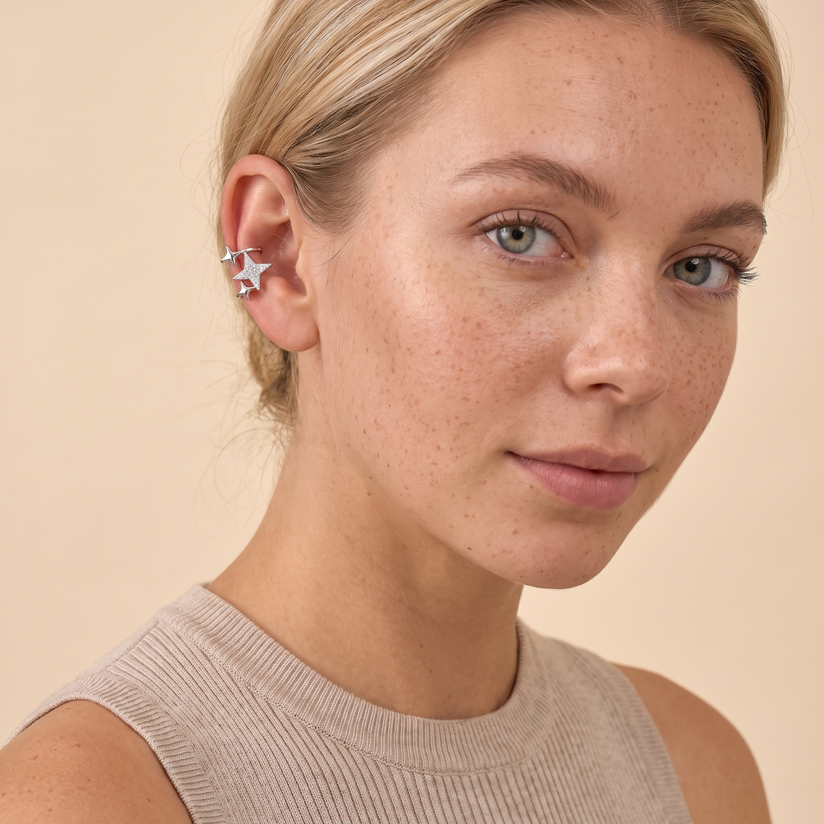 Star Ear Cuff Earrings - Silver - worn