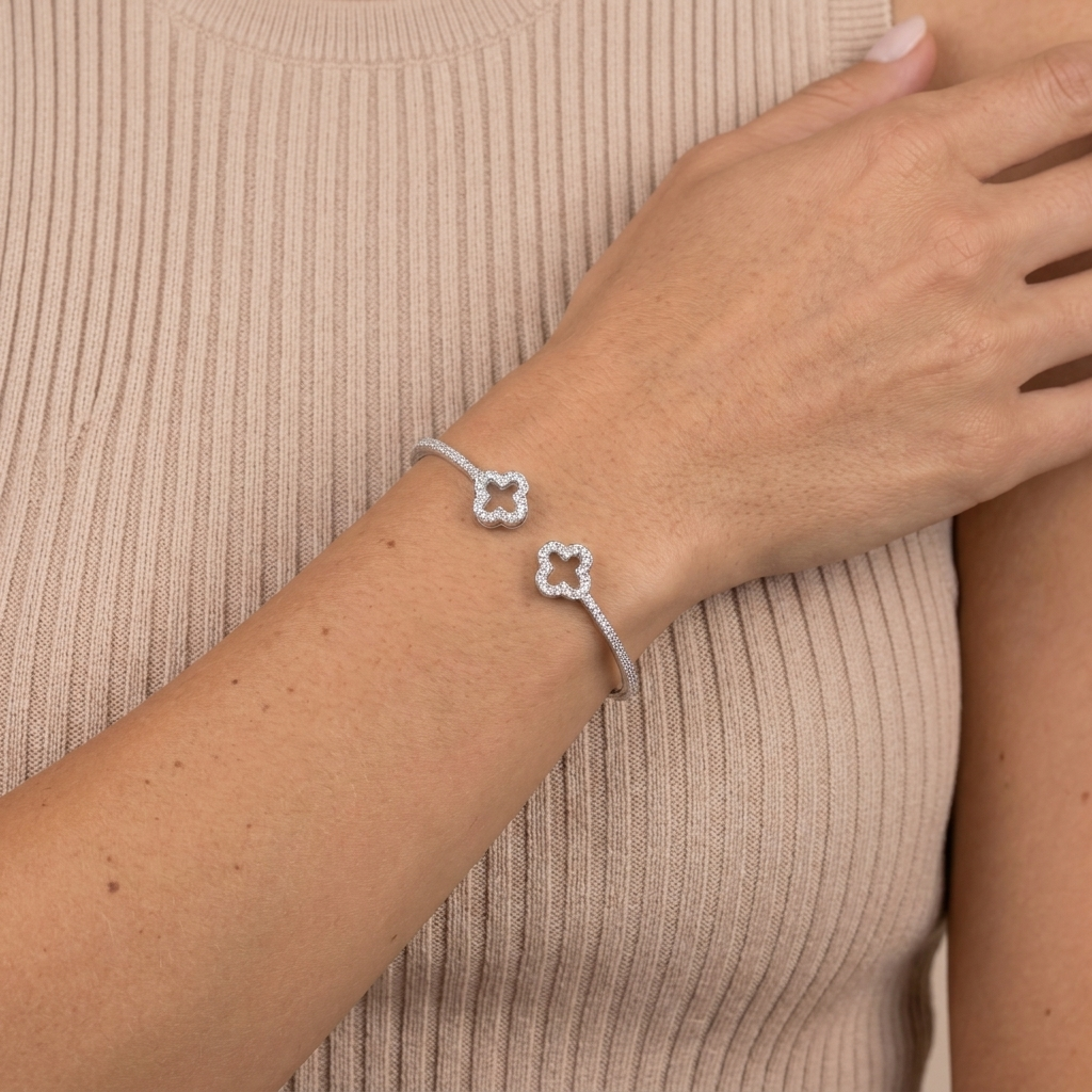 Clover Cuff Bangle Bracelet - Silver - close-up