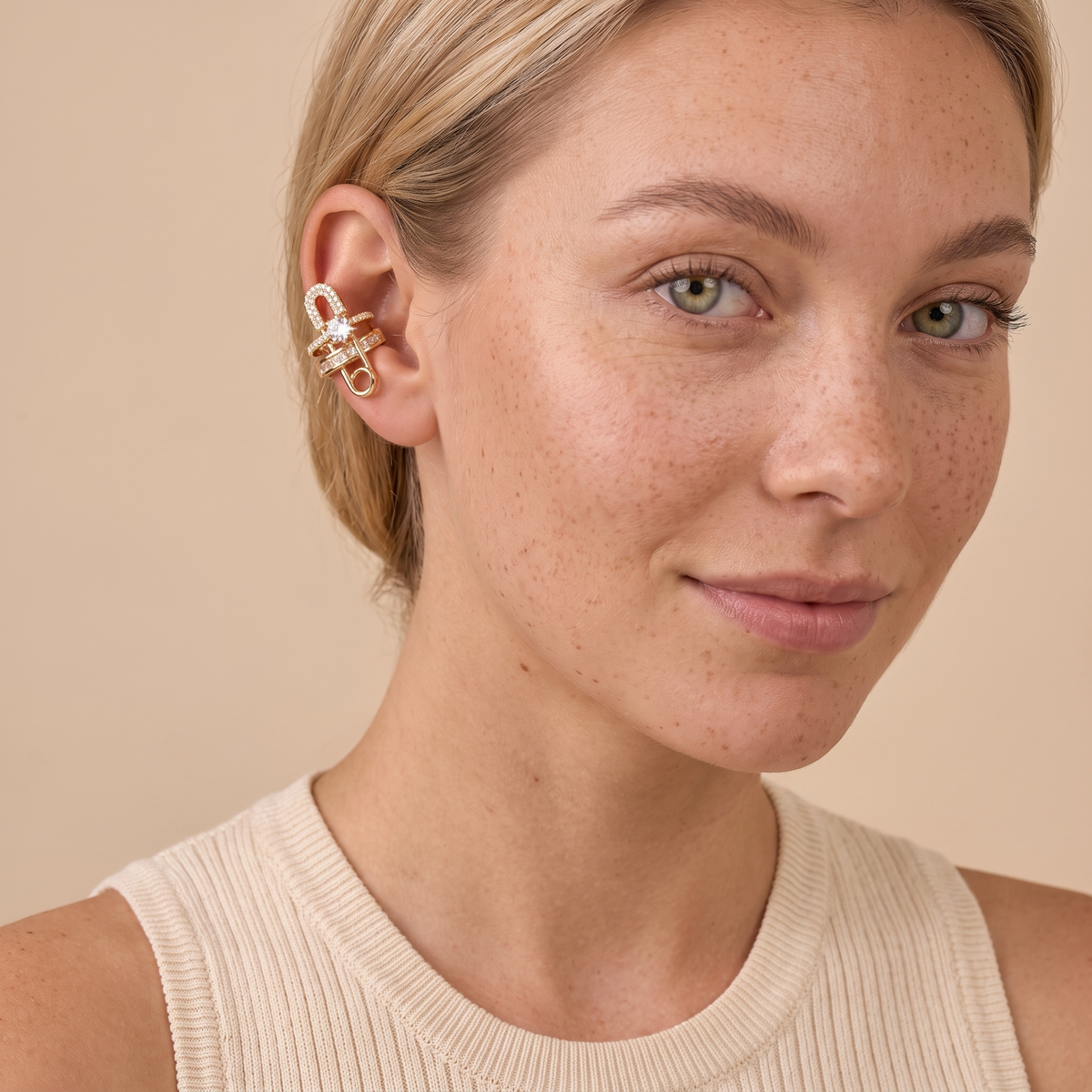 Safety Pin Ear Cuff Earrings - Gold - worn