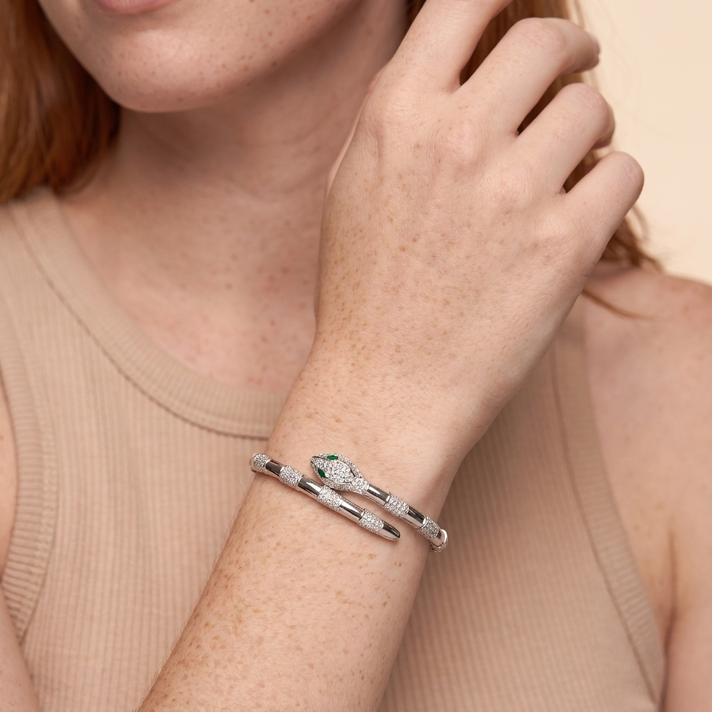 Snake Cuff Bangle Bracelet - Silver - close-up