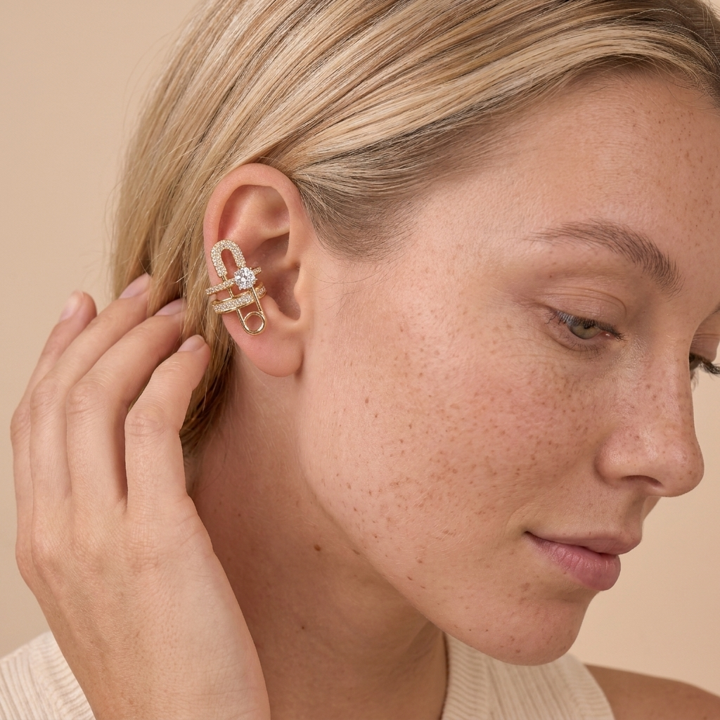 Safety Pin Ear Cuff Earrings - Gold - close-up