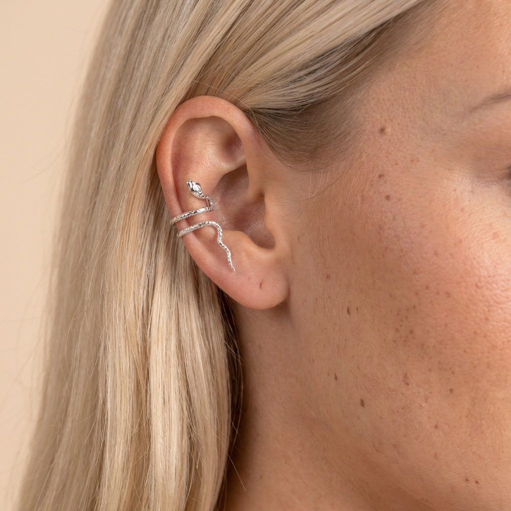 Snake Ear Cuff Earrings - Silver - close-up