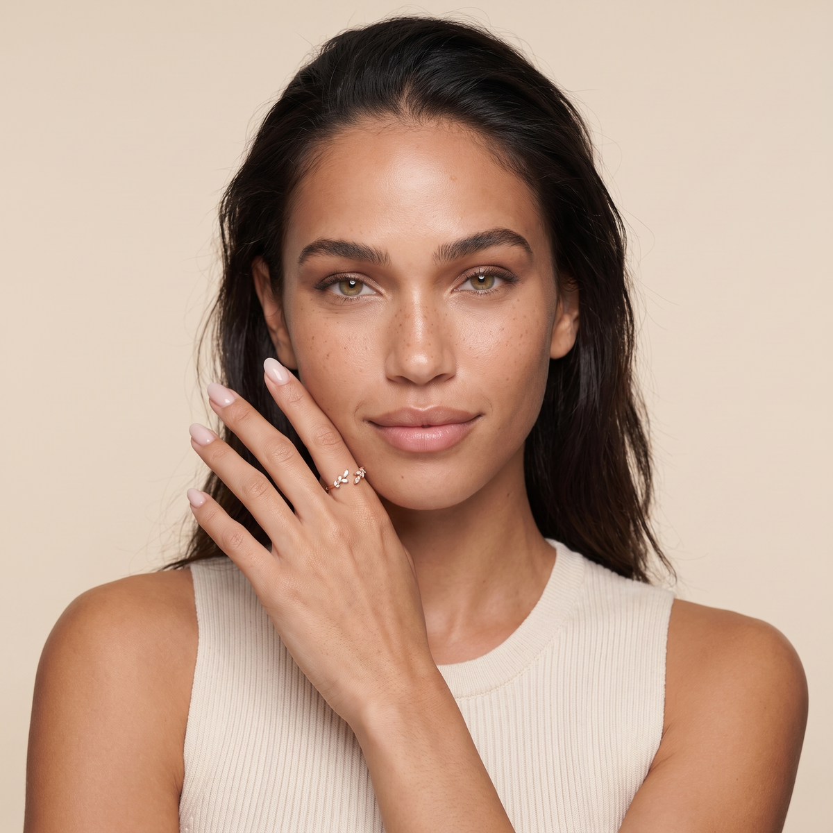 Adjustable Cubic Zirconia Leaf Ring - Rose Gold - worn