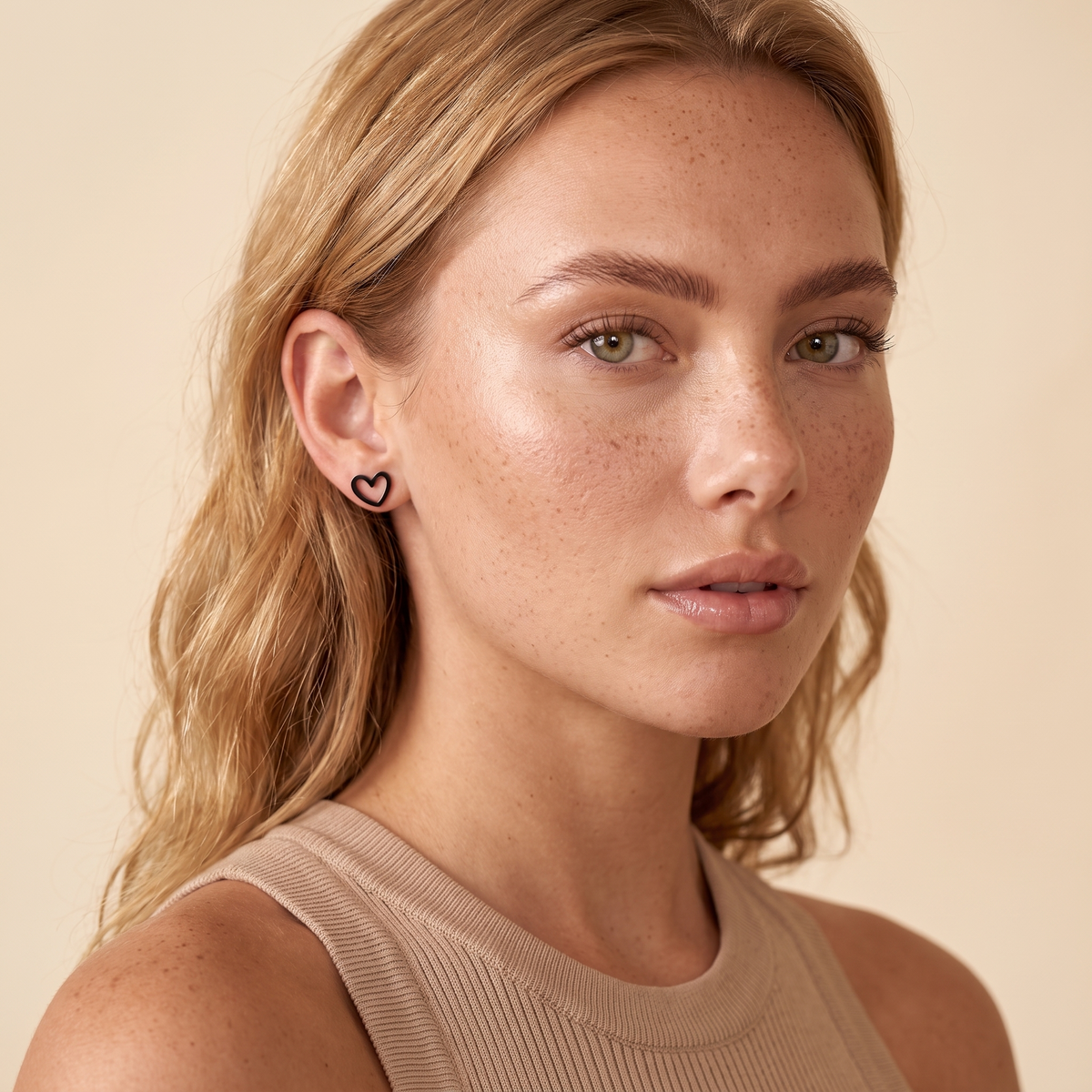 Open Heart Stud Earrings - Black - worn