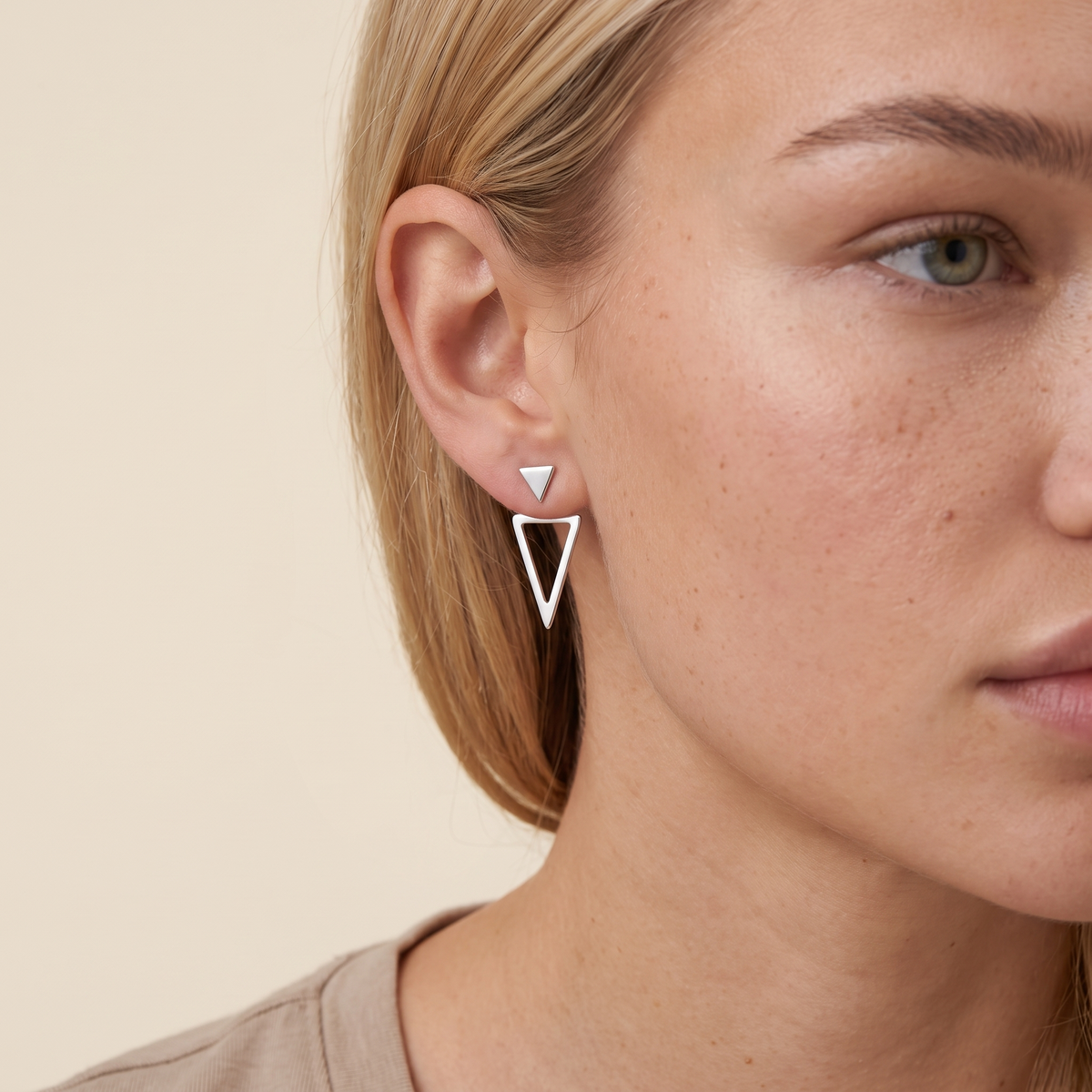 Geometric Triangle Stud Earrings - Silver - worn