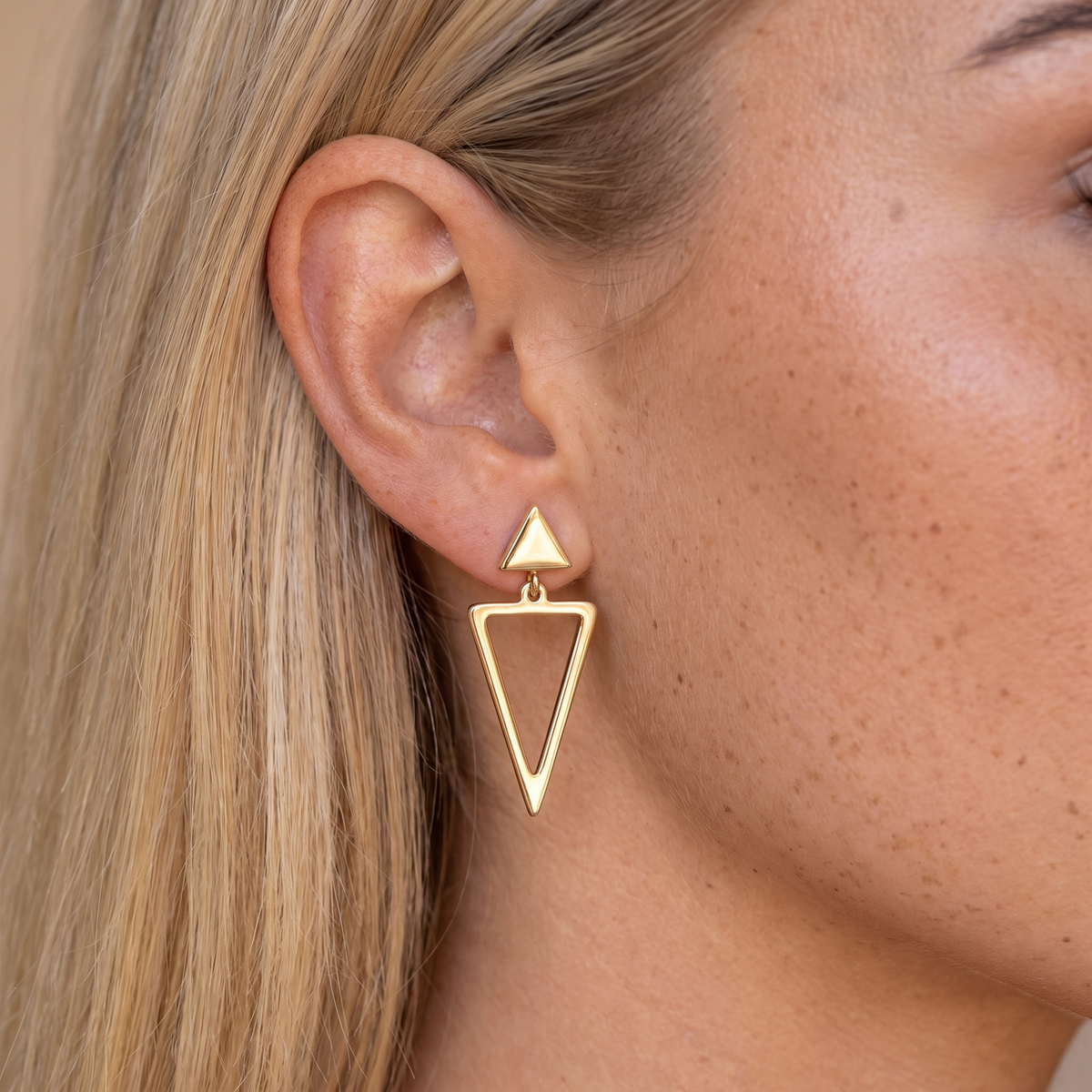 Geometric Triangle Stud Earrings - Gold - worn