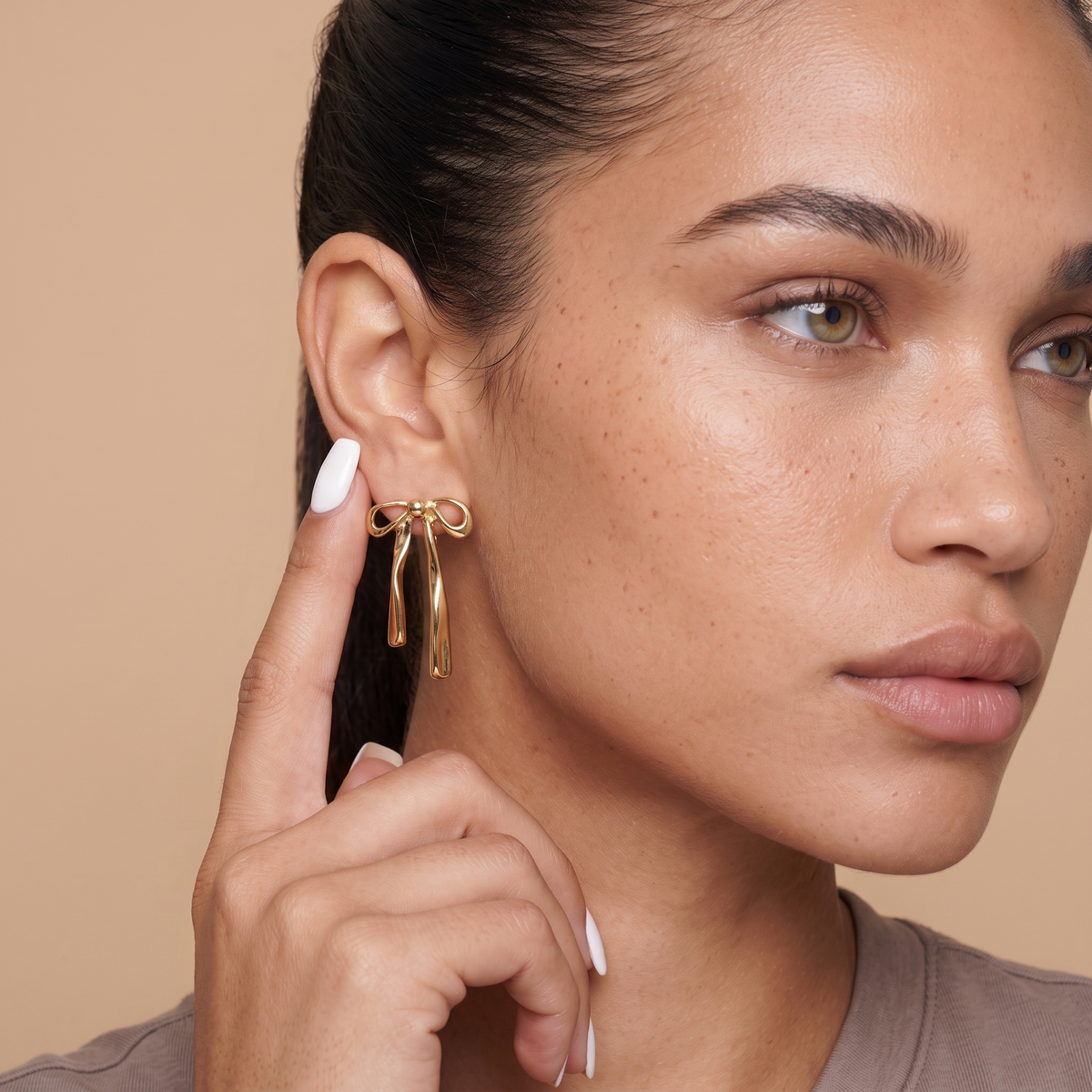 Minimalist Bow Stud Earrings - Gold - worn