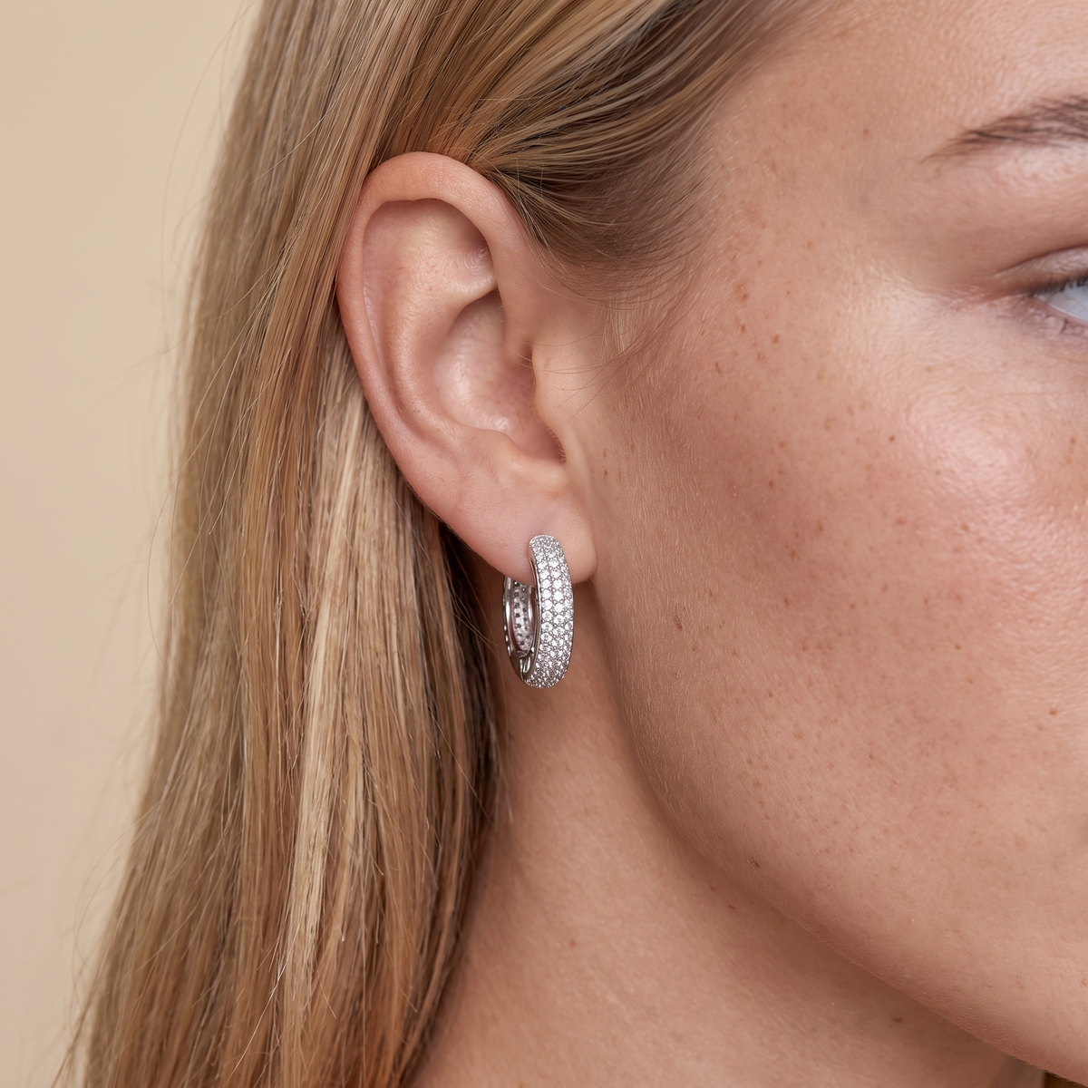 Pave Cubic Zirconia Hoop Earrings - Silver - worn