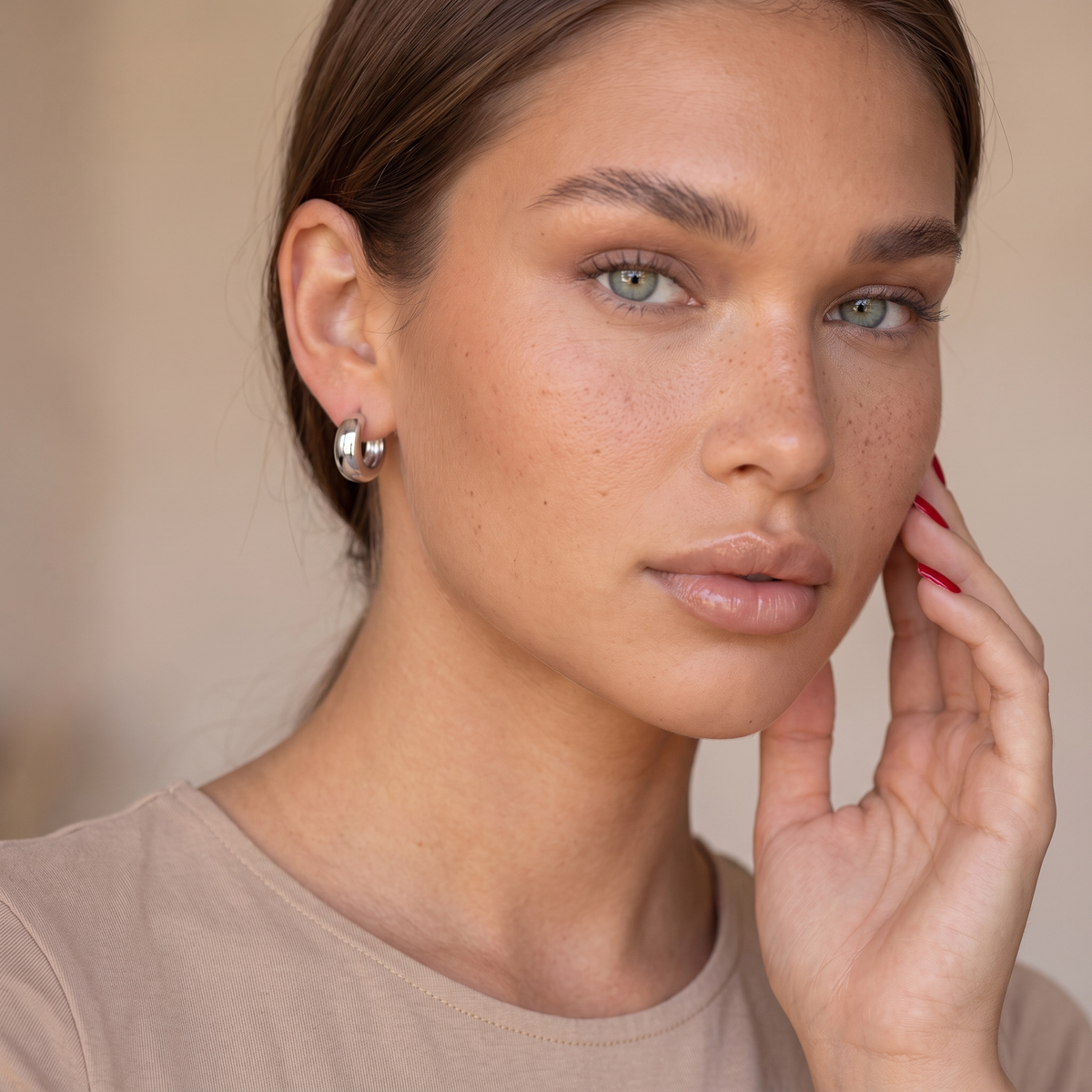 Small Chunky Hoop Earrings - Silver - worn