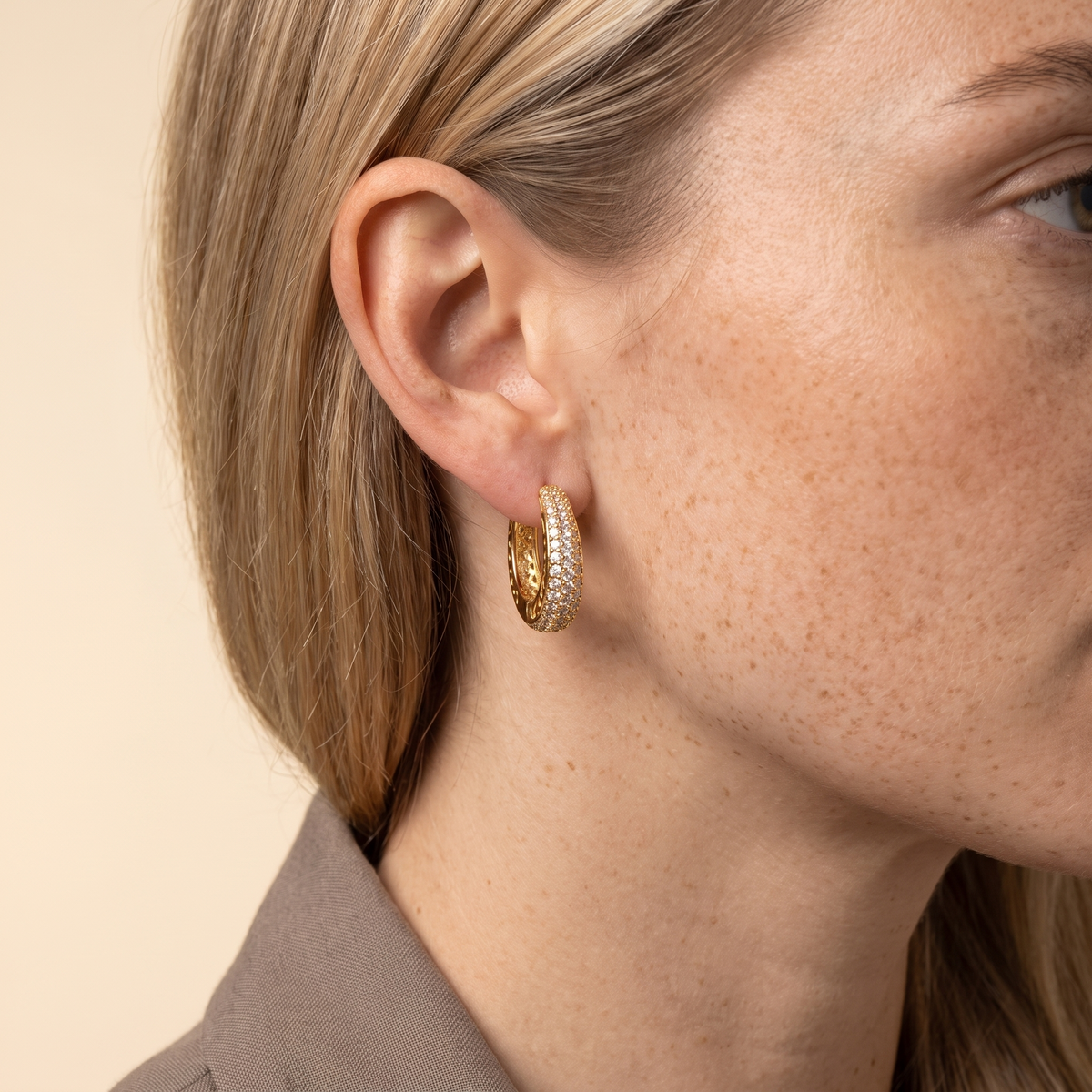 Pave Cubic Zirconia Hoop Earrings - Gold - worn