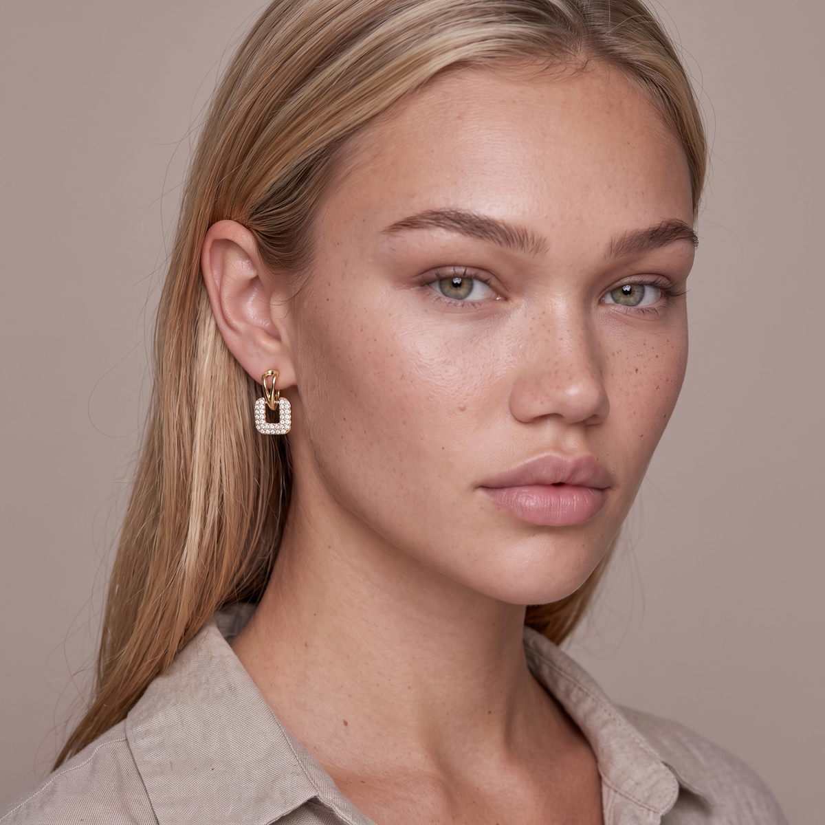 Square Cubic Zirconia Huggie Earrings - Gold - worn