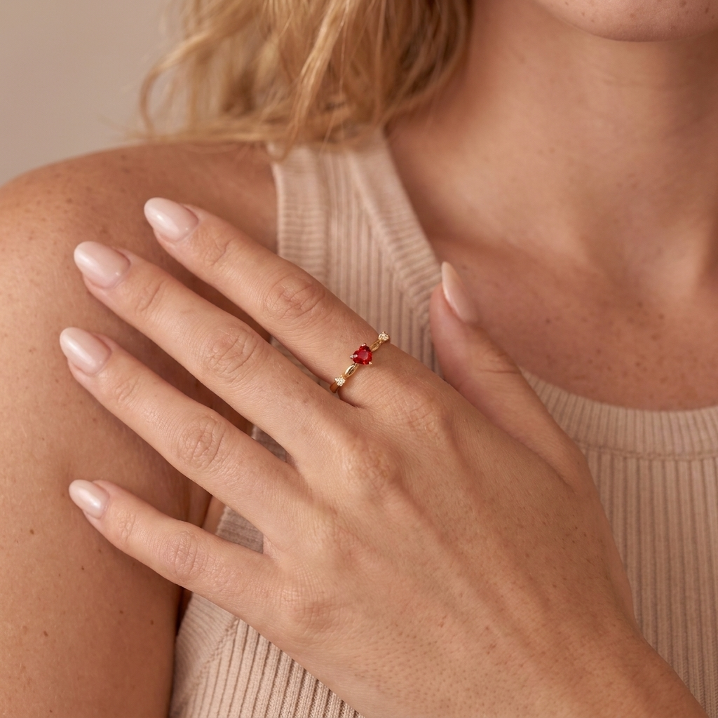 Red Heart Cubic Zirconia Ring - Gold - close-up