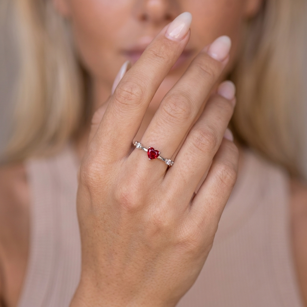Red Heart Cubic Zirconia Ring - Silver - close-up