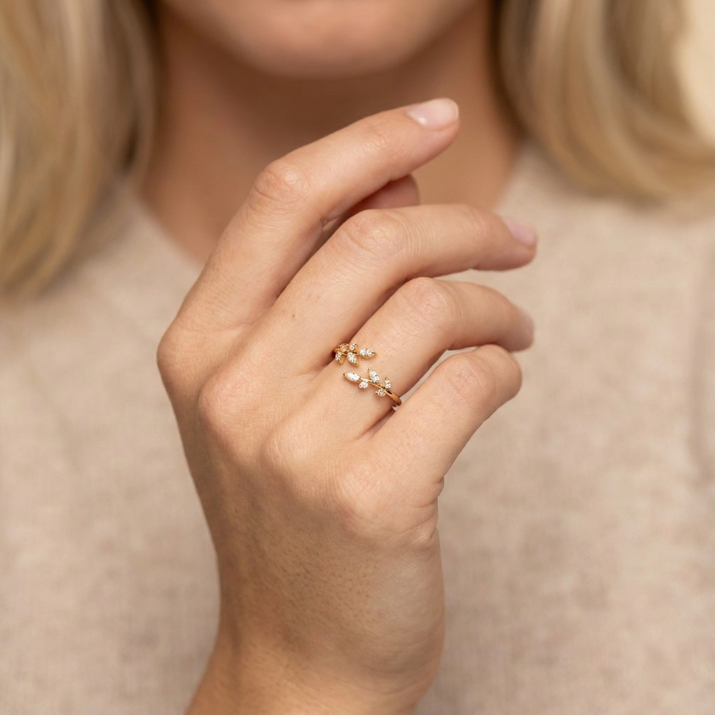 Adjustable Cubic Zirconia Leaf Ring - Gold - close-up