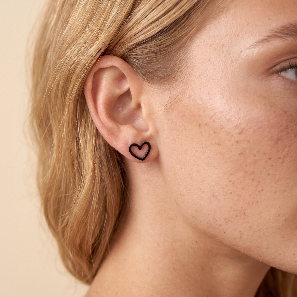 Open Heart Stud Earrings - Black - close-up