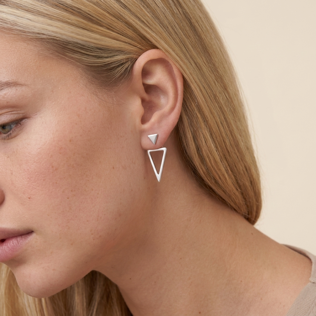 Geometric Triangle Stud Earrings - Silver - close-up