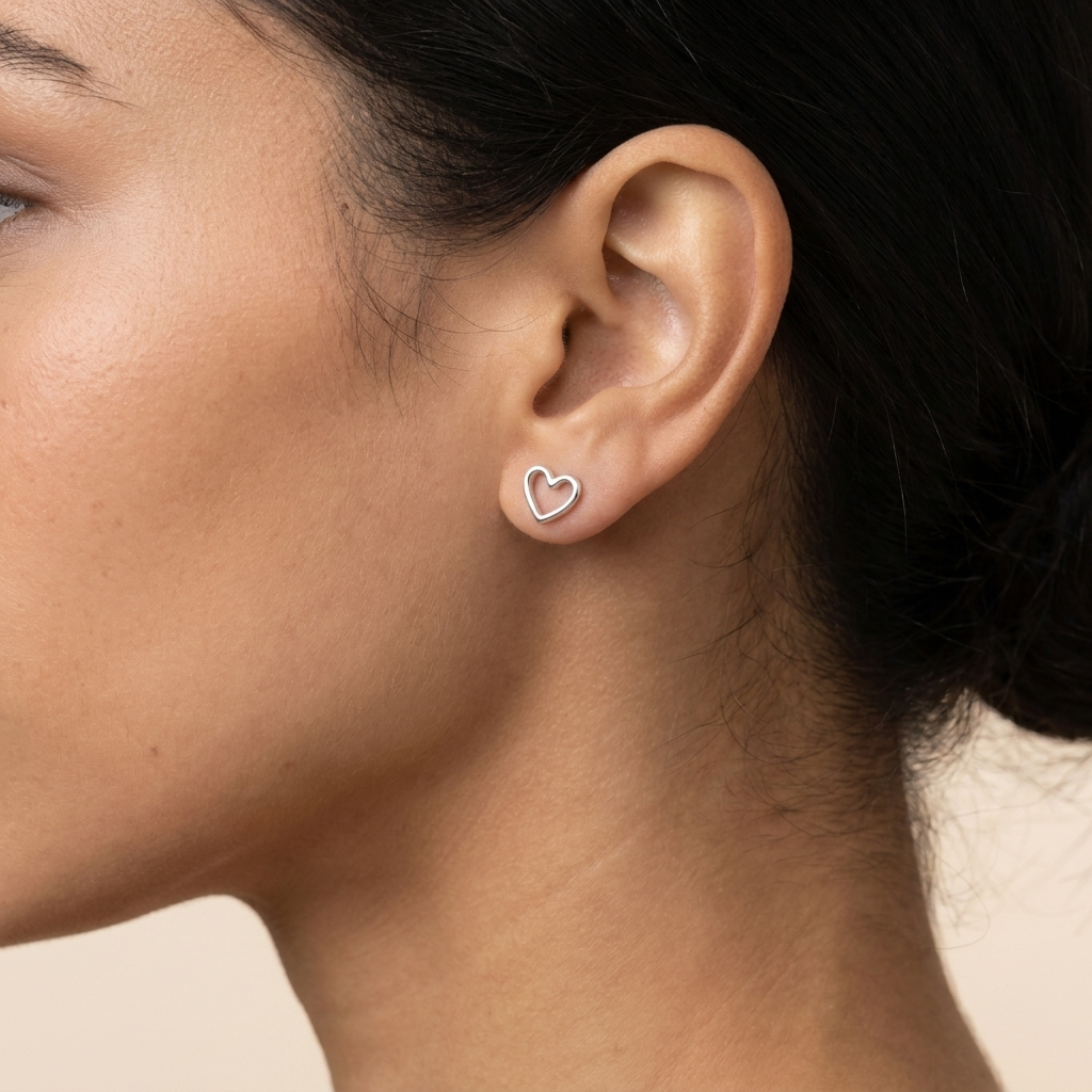 Open Heart Stud Earrings - Silver - close-up