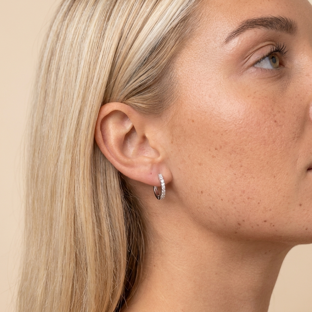 Star Cubic Zirconia Huggie Earrings - Silver - close-up