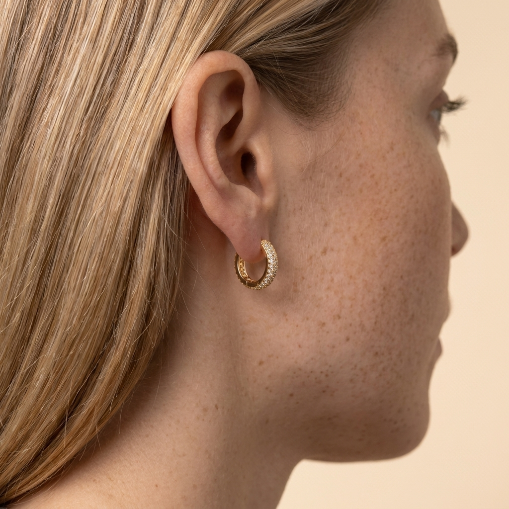 Pave Cubic Zirconia Hoop Earrings - Gold - close-up