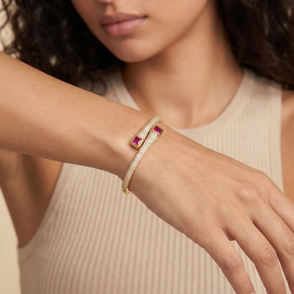 Red Cubic Zirconia Bangle Bracelet - Gold - close-up