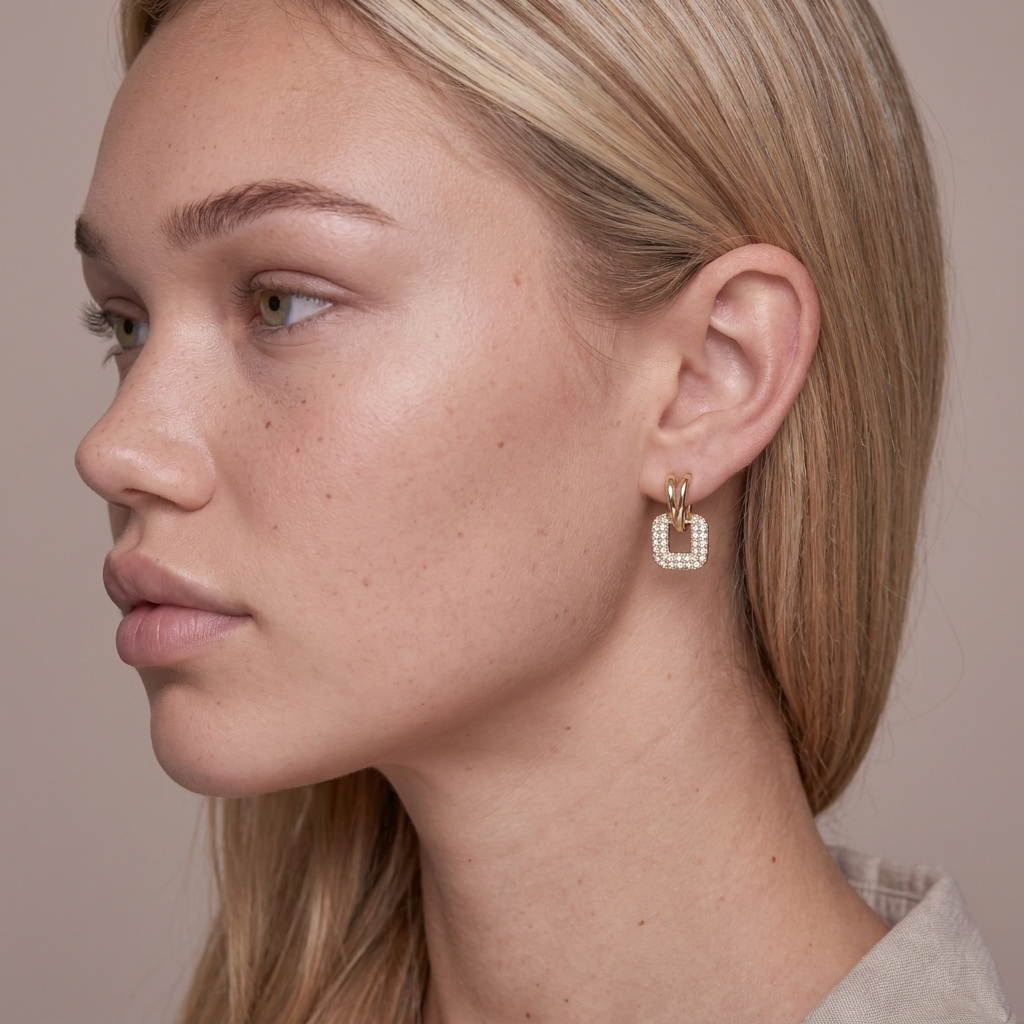 Square Cubic Zirconia Huggie Earrings - Gold - close-up