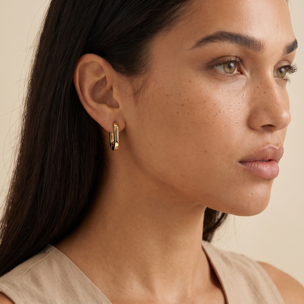 Oval Huggie Hoop Earrings - Gold - worn