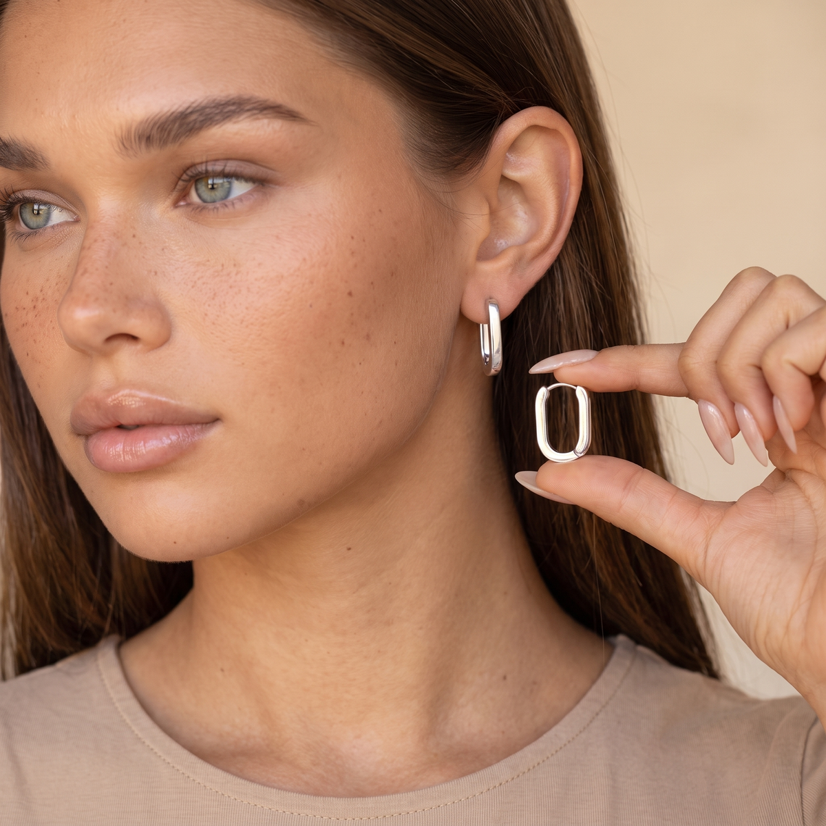 Oval Huggie Hoop Earrings - Silver - worn