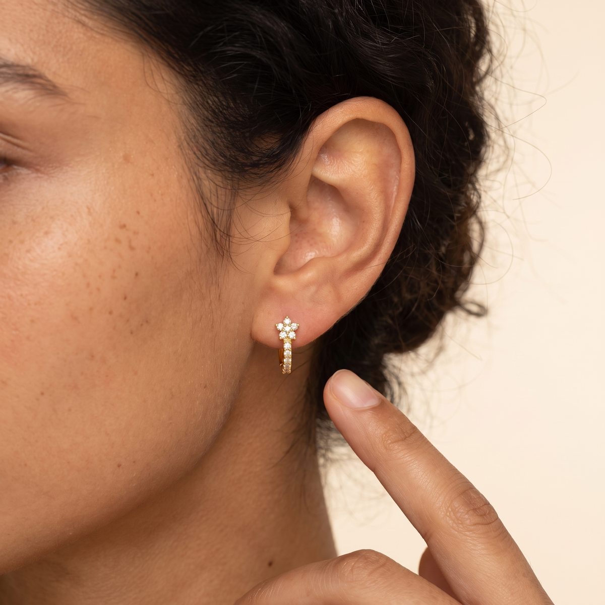 Star Cubic Zirconia Huggie Earrings - Gold - worn