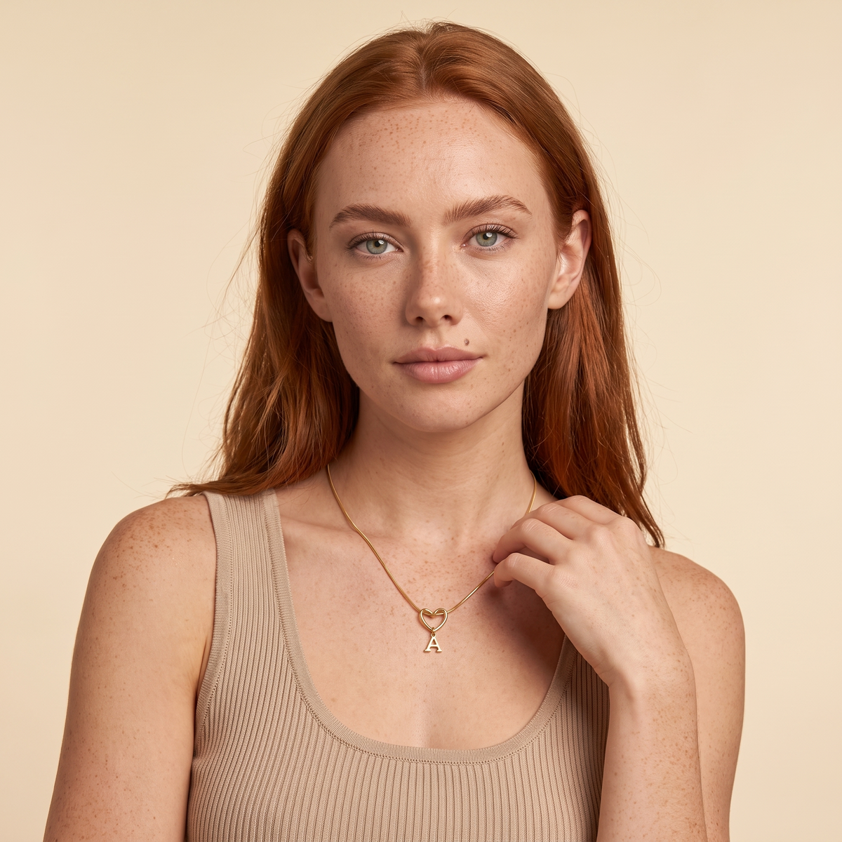 Hollow Heart Initial Necklace - Gold - worn