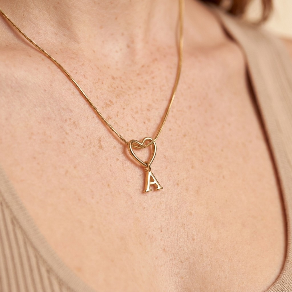 Hollow Heart Initial Necklace - Gold - close-up