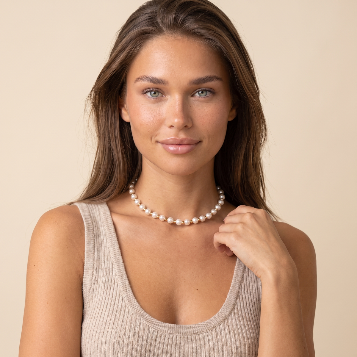 Pearl Clavicle Necklace - Beige Color - worn