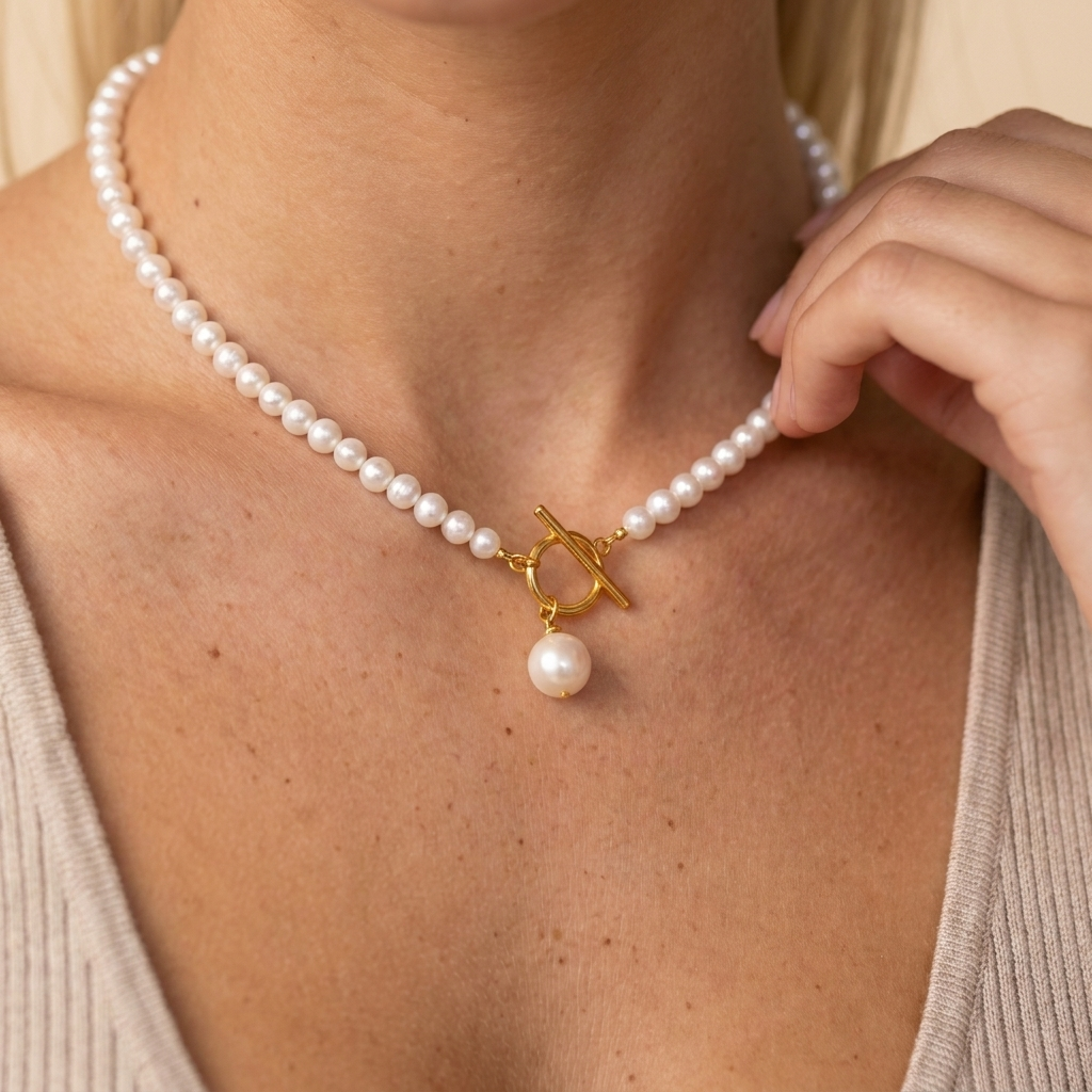 Vintage Pearl Toggle Necklace - Gold - close-up