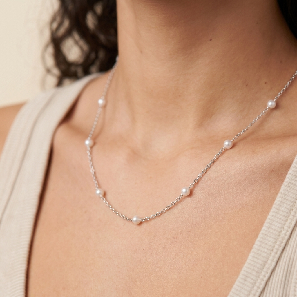 Pearl Beaded Necklace - Silver - close-up