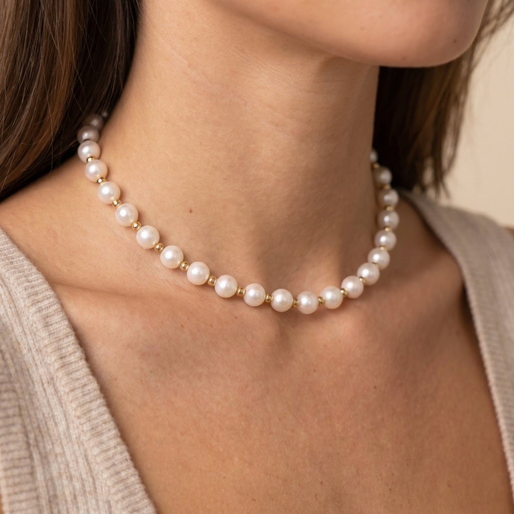Pearl Clavicle Necklace - Beige Color - close-up