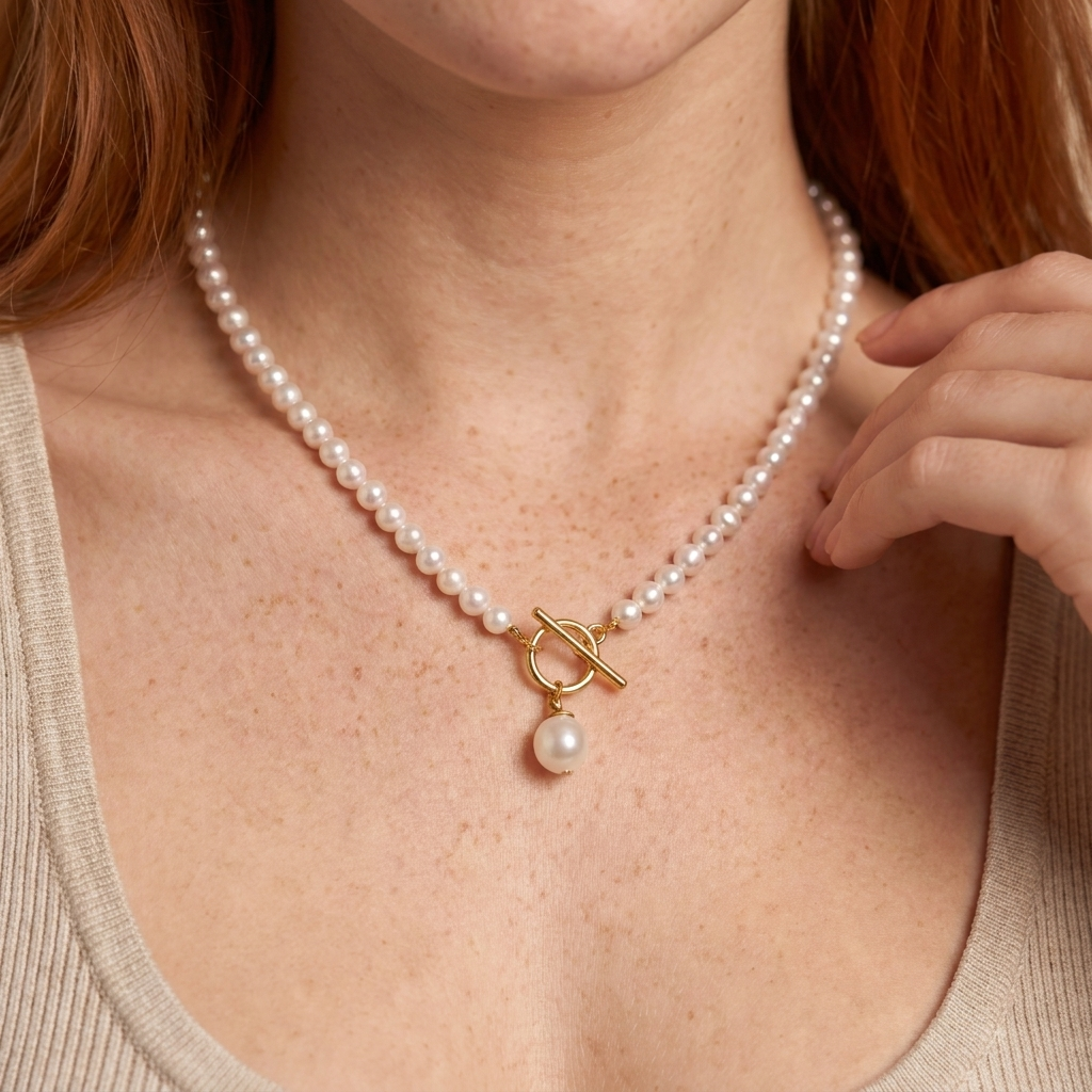 Pearl Toggle Necklace - Gold - close-up
