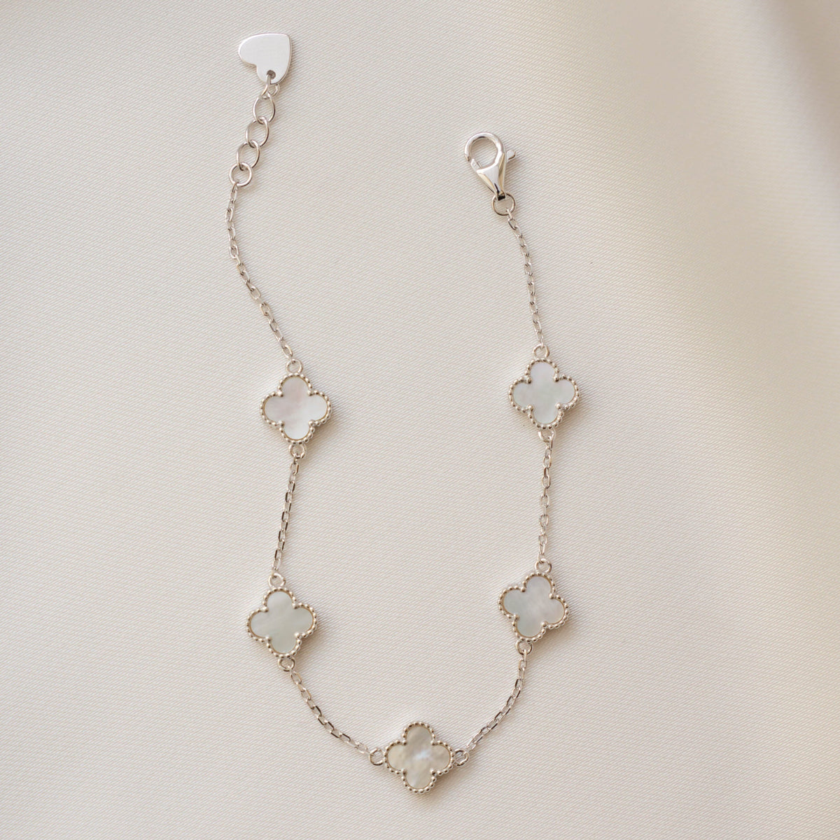 Dainty Mother of Pearl Clover Charm Bracelet